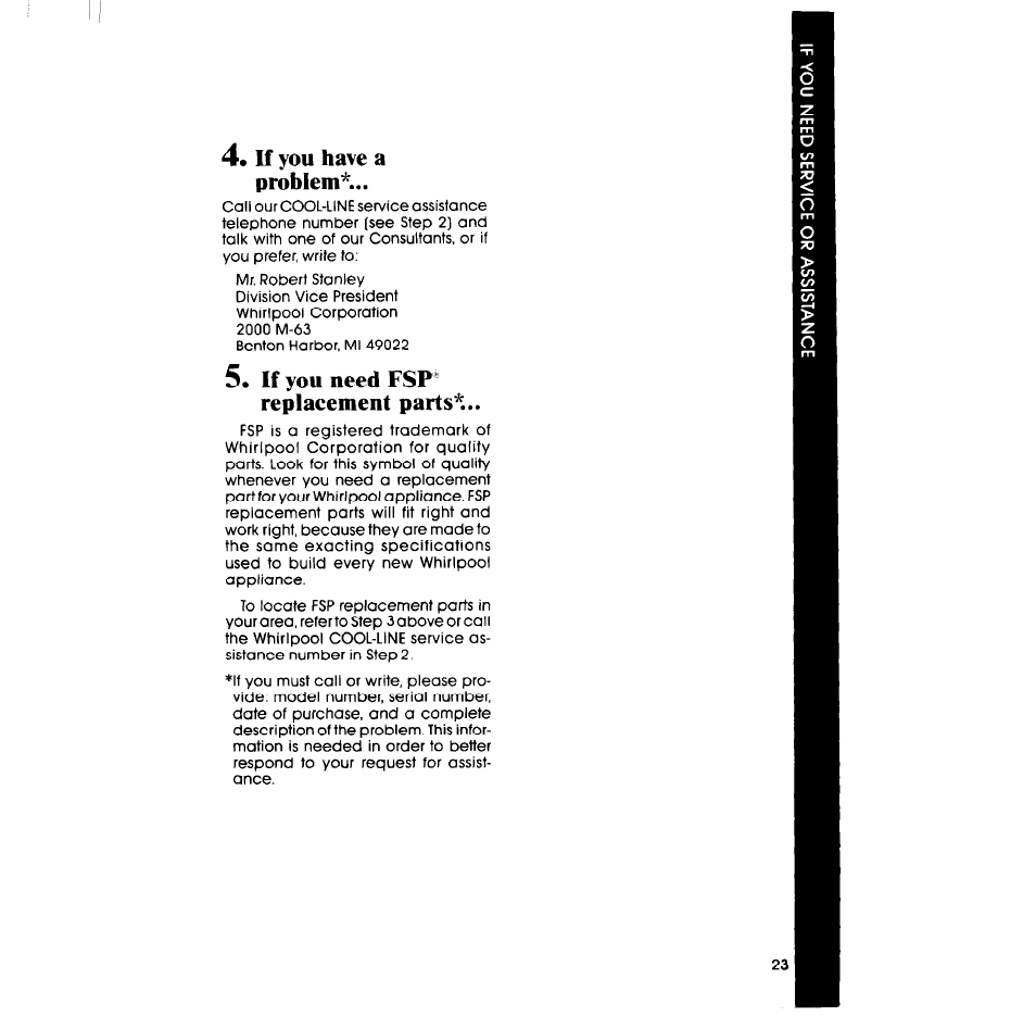 If you have a problem, If you need fsp" replaeement parts | Whirlpool RB760PXT User Manual | Page 23 / 24