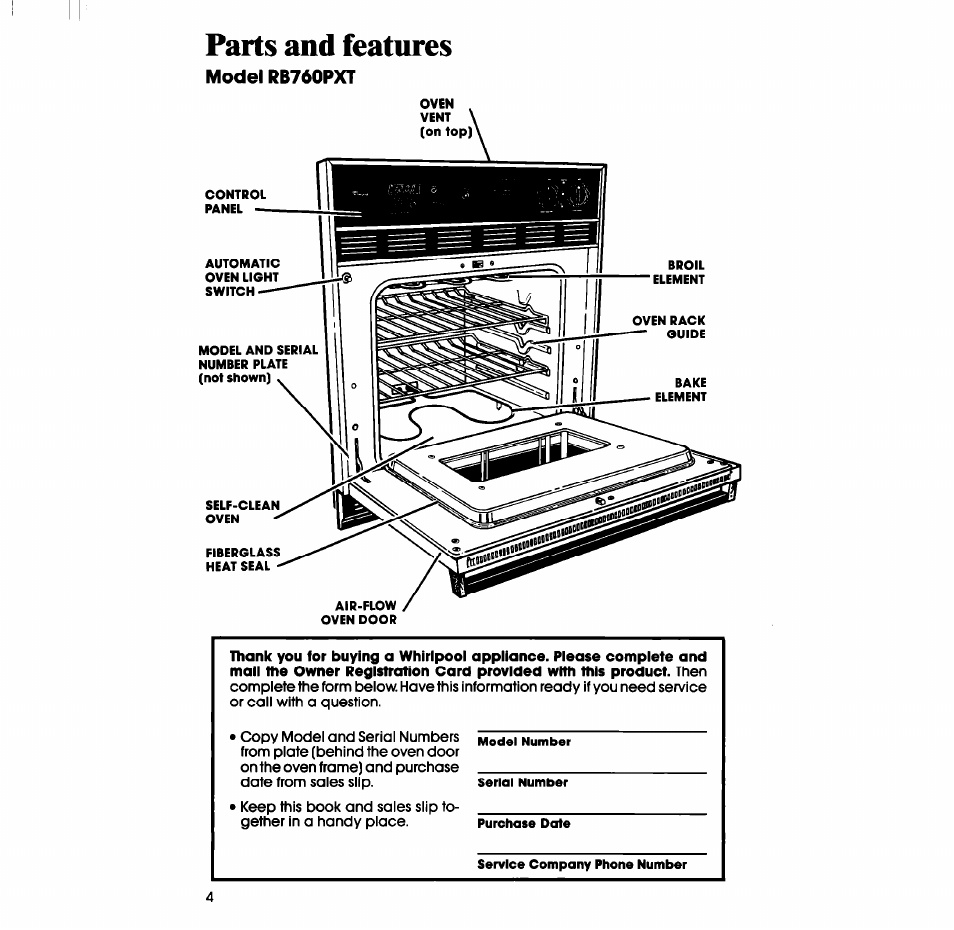 Model rb760pxt, Parts and features | Whirlpool RB760PXT User Manual | Page 4 / 24