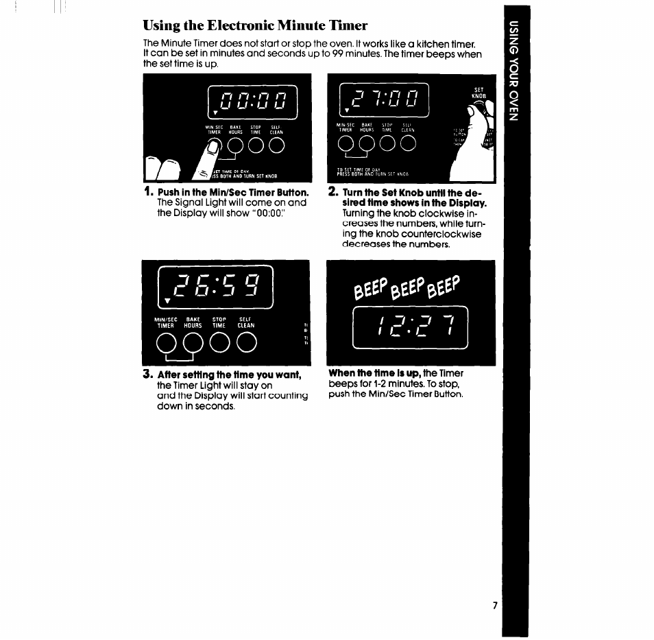 Push in the min/sec timer button, After setting the time you want, I qpoo | Using the electronic minute timer, Ji j | Whirlpool RB760PXT User Manual | Page 7 / 24