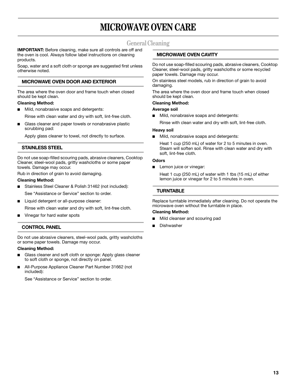 Microwave oven care, General cleaning | Whirlpool GMC305 User Manual | Page 13 / 16