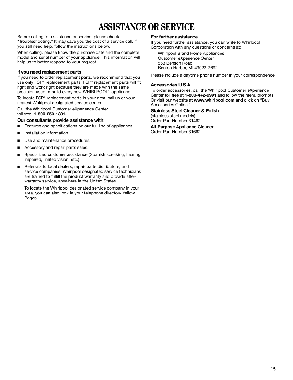 Assistance or service | Whirlpool GMC305 User Manual | Page 15 / 16