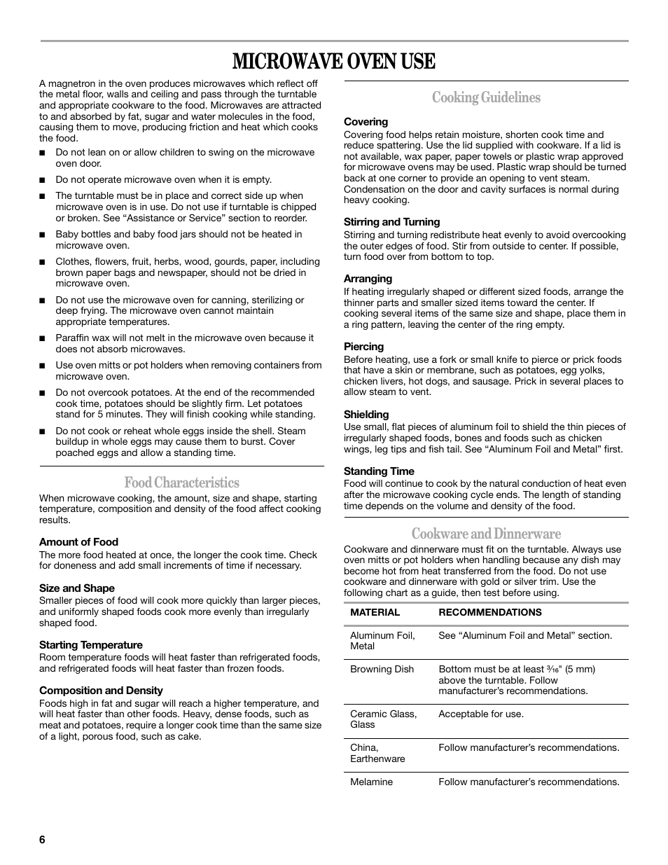 Microwave oven use, Food characteristics, Cooking guidelines | Cookware and dinnerware | Whirlpool GMC305 User Manual | Page 6 / 16