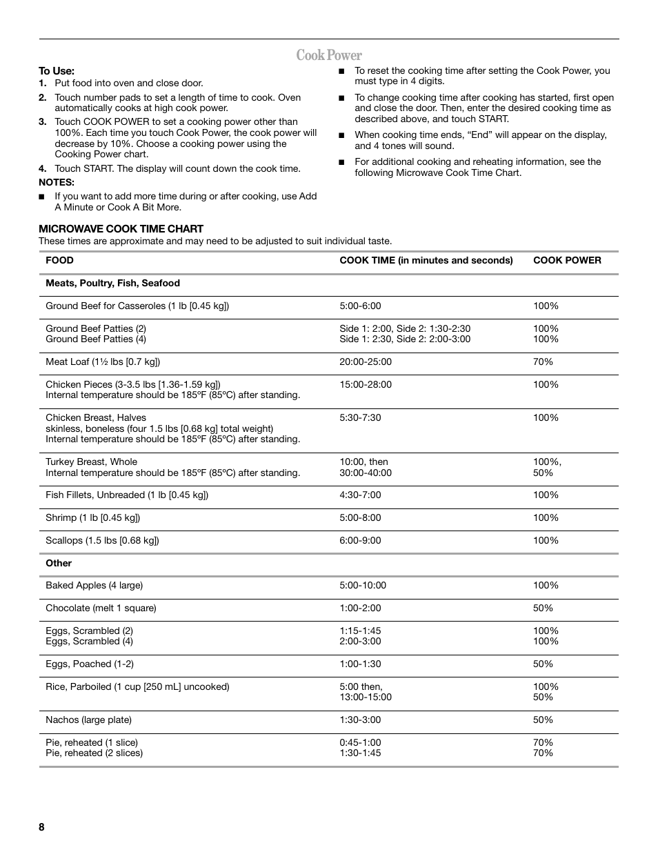 Cook power | Whirlpool GMC305 User Manual | Page 8 / 16