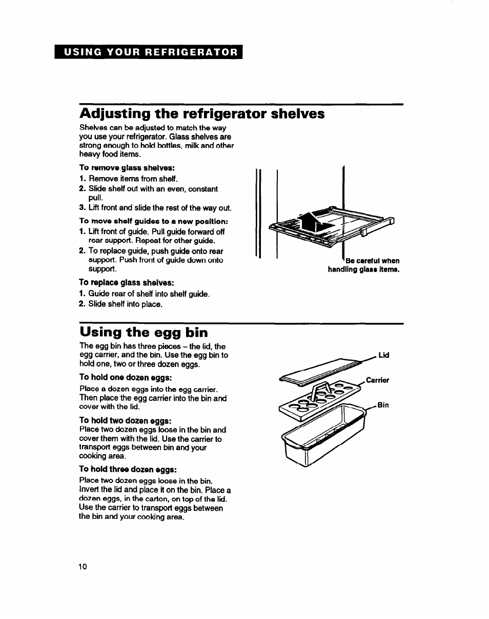 Adjusting the refrigerator shelves, Using the egg bin | Whirlpool ED22DC User Manual | Page 10 / 28