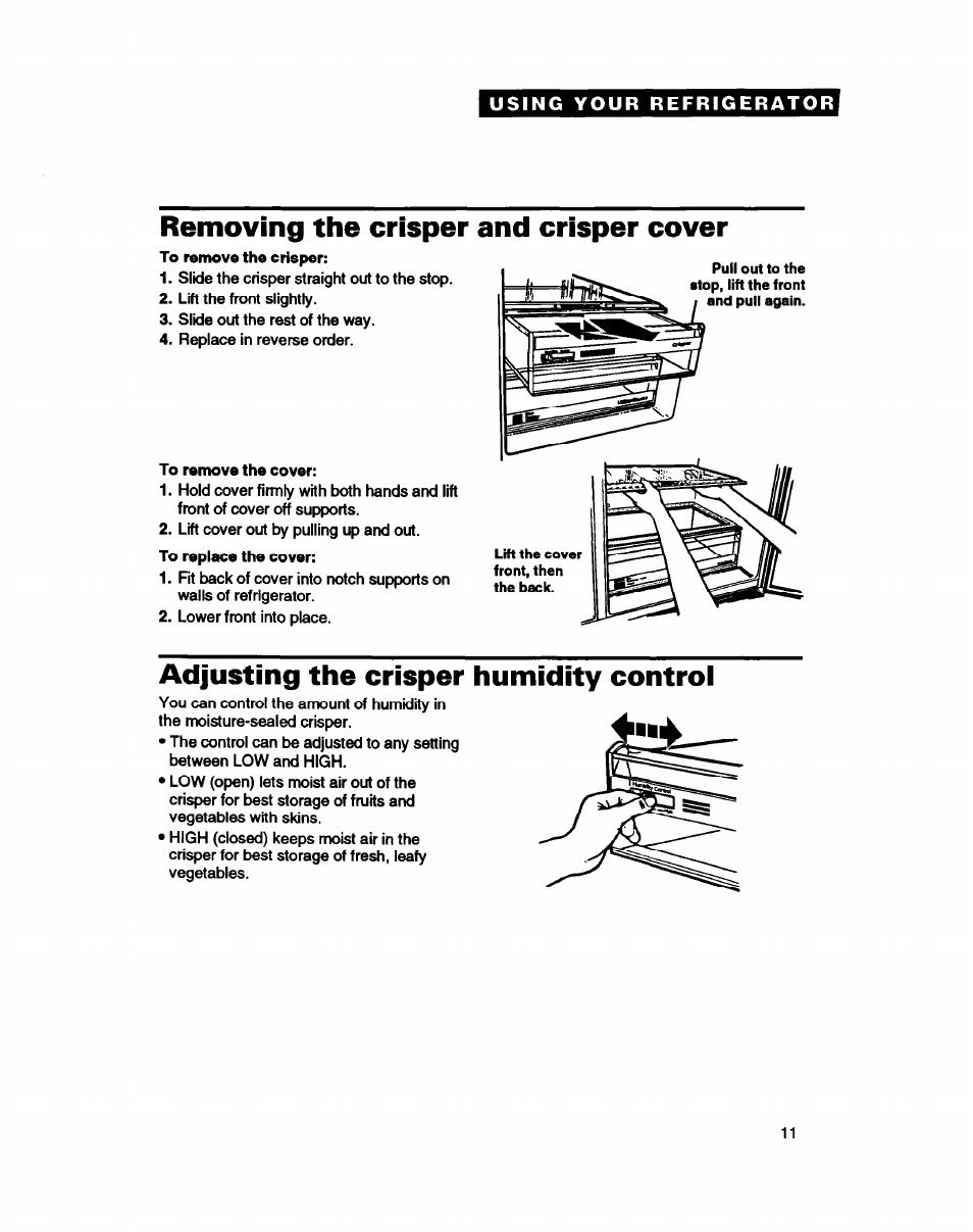 Removing the crisper and crisper cover, Adjusting the crisper humidity control | Whirlpool ED22DC User Manual | Page 11 / 28