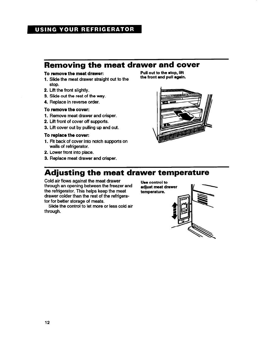 Removing the meat drawer and cover, Adjusting the meat drawer temperature | Whirlpool ED22DC User Manual | Page 12 / 28