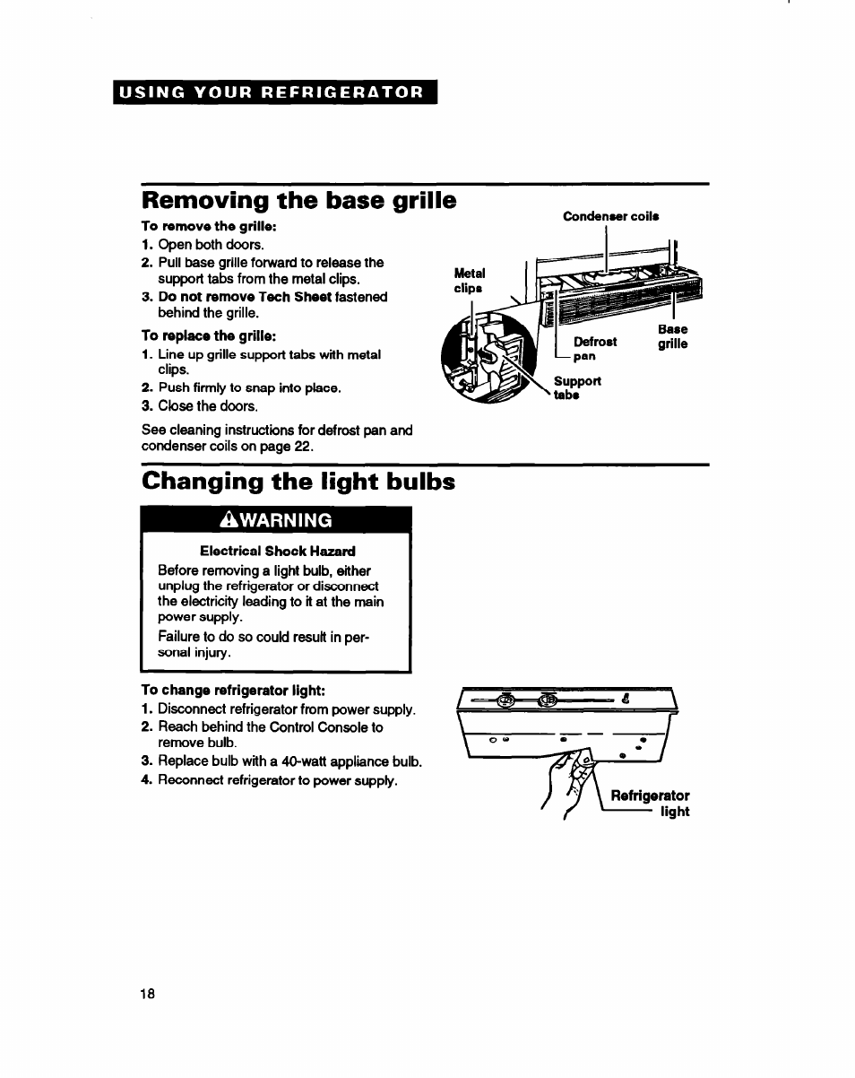 Removing the base grille, Changing the light bulbs | Whirlpool ED22DC User Manual | Page 18 / 28