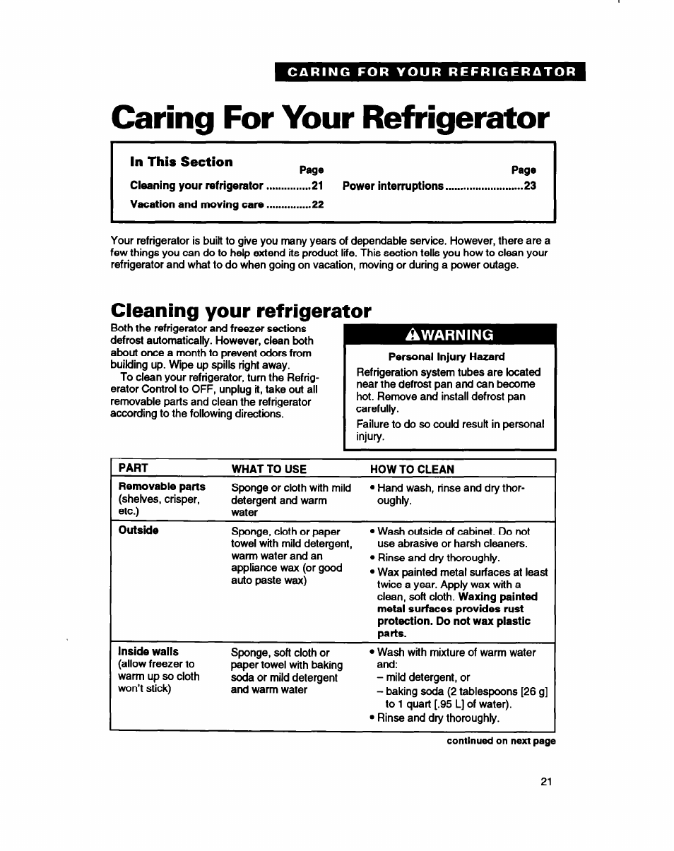 Caring for your refrigerator, Cleaning your refrigerator, Caring for your | Refrigerator | Whirlpool ED22DC User Manual | Page 21 / 28