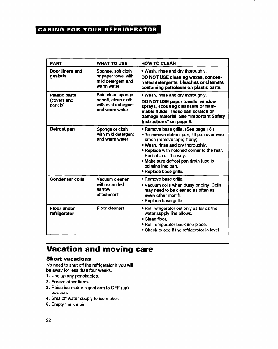 Vacation and moving care, Short vacations | Whirlpool ED22DC User Manual | Page 22 / 28