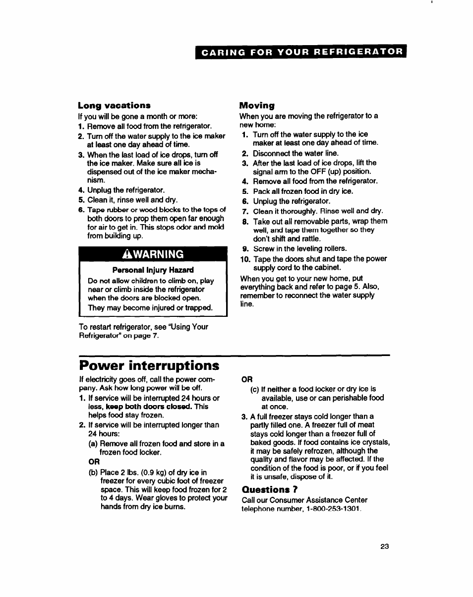 Long vacations, Moving, Power interruptions | Questions 7 | Whirlpool ED22DC User Manual | Page 23 / 28