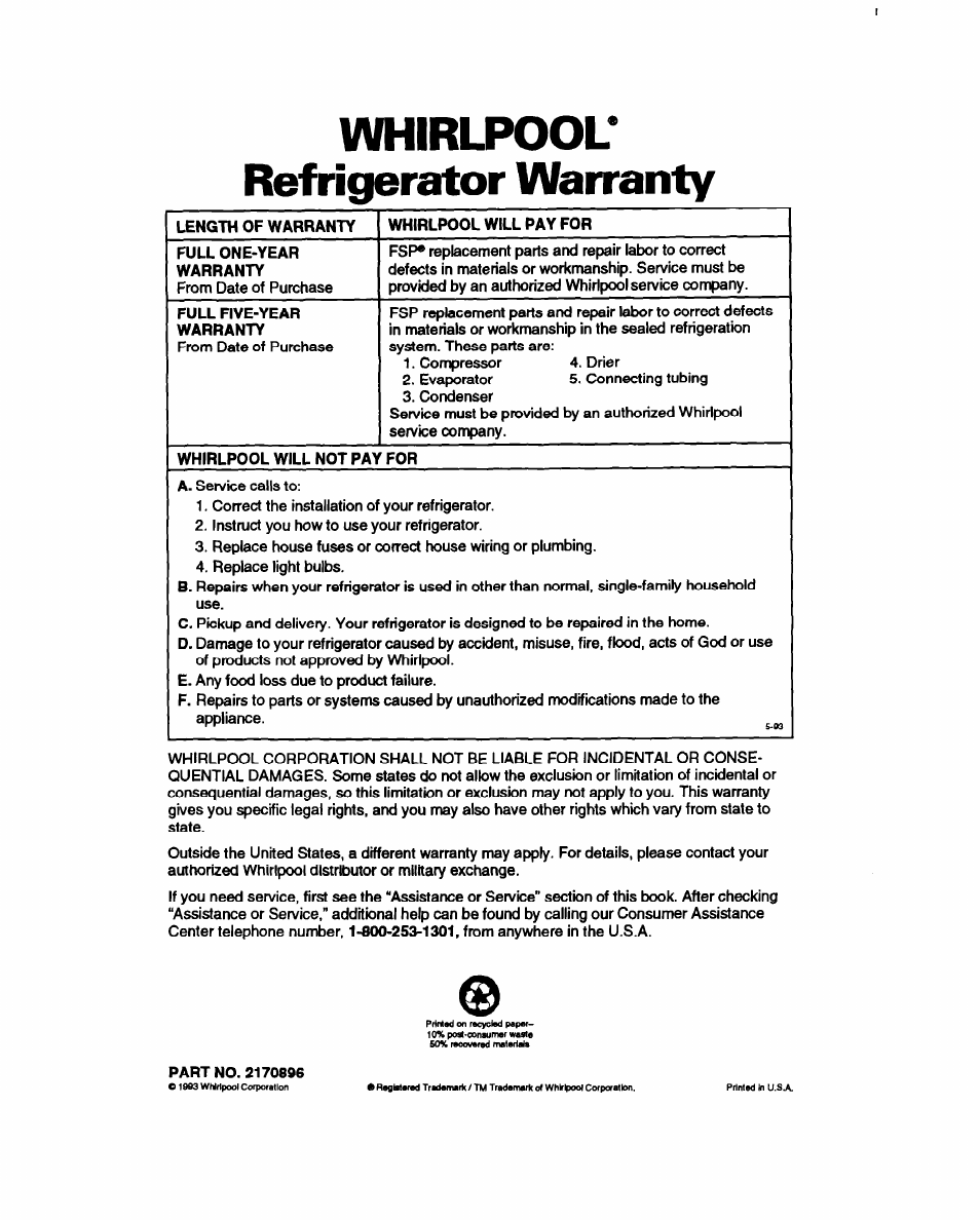 Whirlpool, Refrigerator warranty, Whirlpool refrigerator warranty | Whirlpool ED22DC User Manual | Page 28 / 28