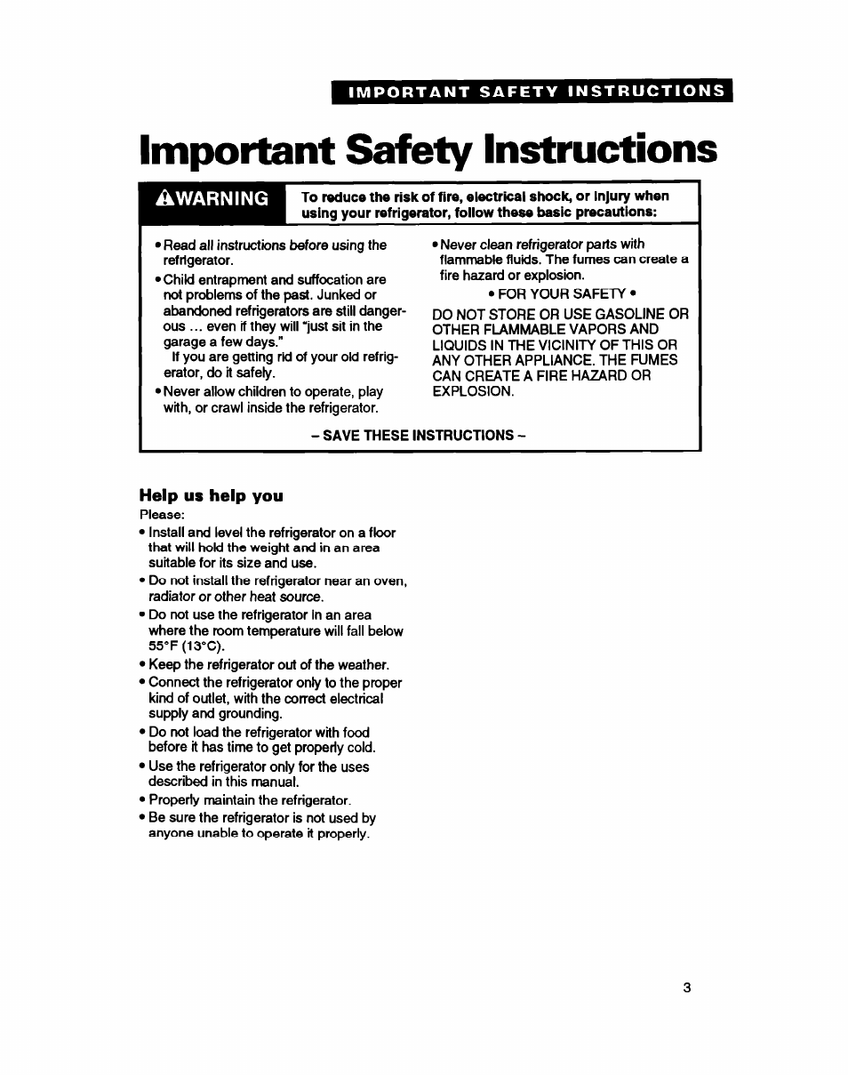 Important safety instructions, Help us help you, Awarning | Help | Whirlpool ED22DC User Manual | Page 3 / 28