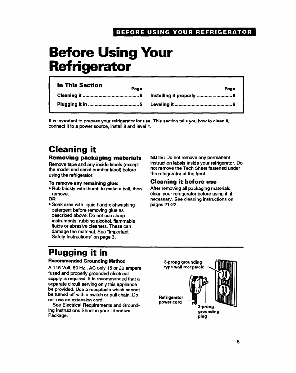 Before using your refrigerator, In this section, Cleaning it | Removing packaging materiais, Cleaning it before use, Plugging it in | Whirlpool ED22DC User Manual | Page 5 / 28