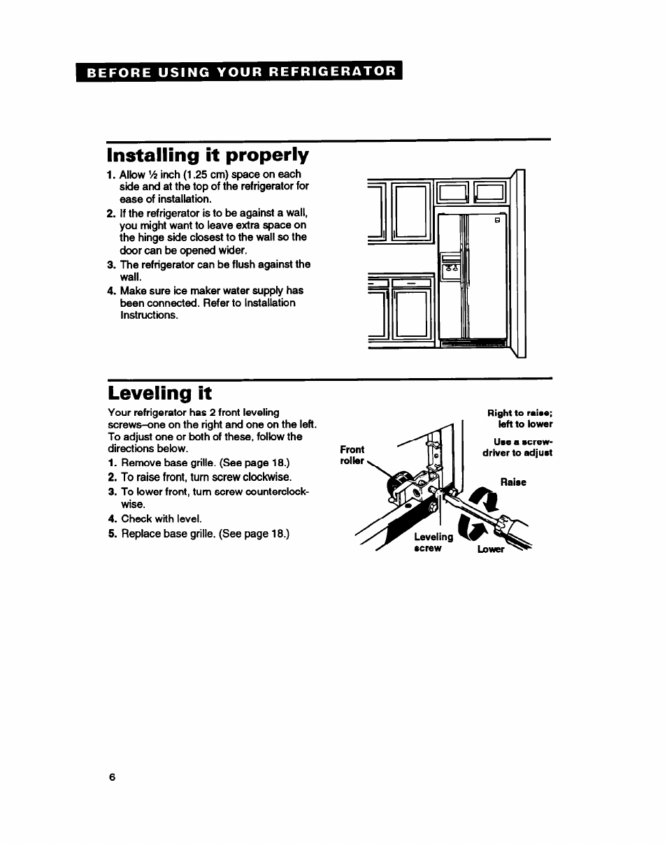 Installing it properly, Leveling it, Ie leveling it | Whirlpool ED22DC User Manual | Page 6 / 28