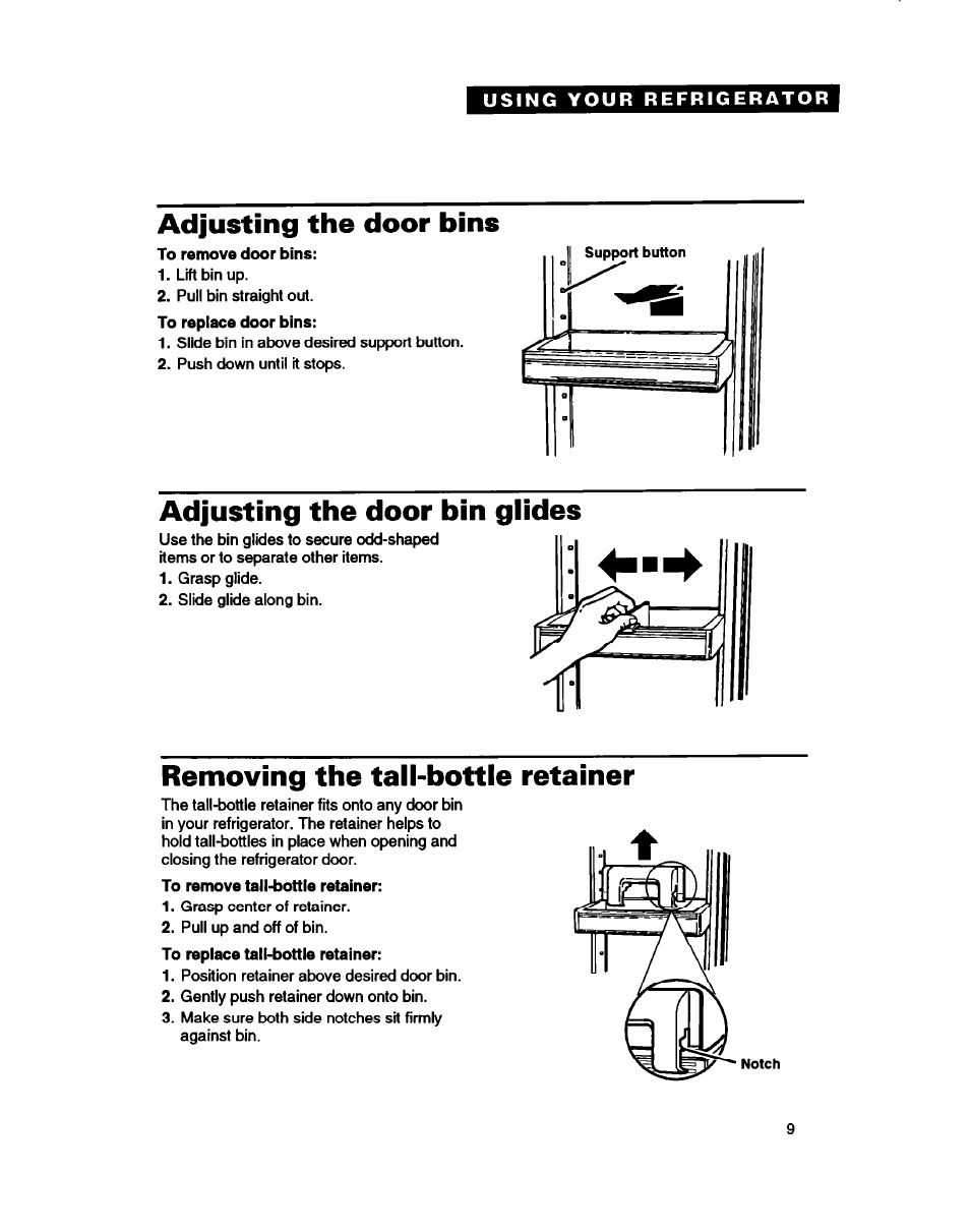 Adjusting the door bins, Adjusting the door bin glides, Removing the tail-bottle retainer | Whirlpool ED22DC User Manual | Page 9 / 28