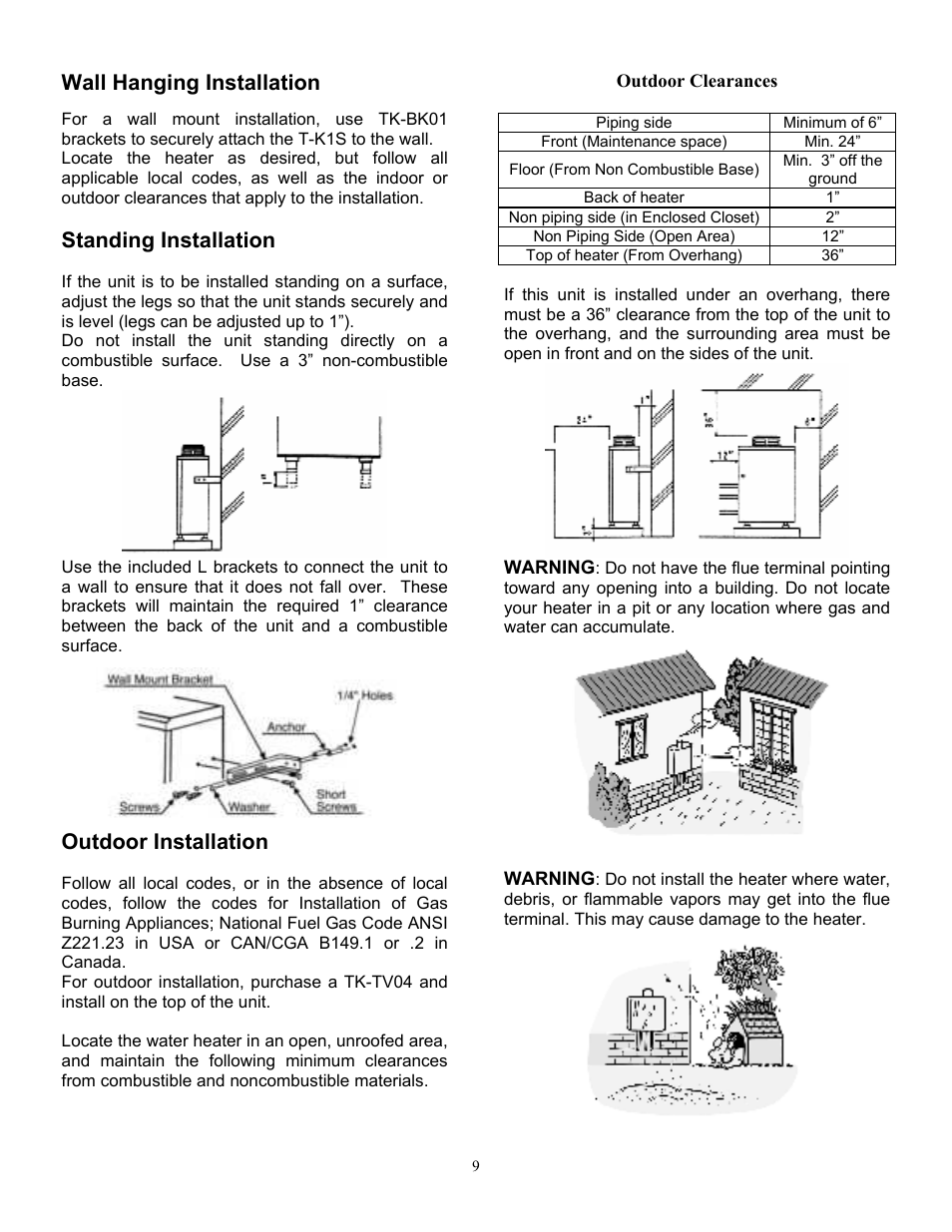 Wall hanging installation, Standing installation, Outdoor installation | Whirlpool T-K1S User Manual | Page 10 / 26