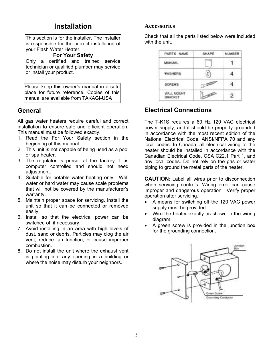 Installation, General, Accessories | Electrical connections | Whirlpool T-K1S User Manual | Page 6 / 26