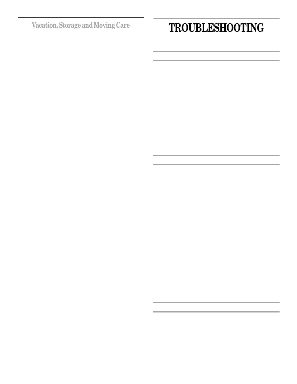 Troubleshooting, Vacation, storage and moving care | Whirlpool 3RLSQ8533 User Manual | Page 9 / 11