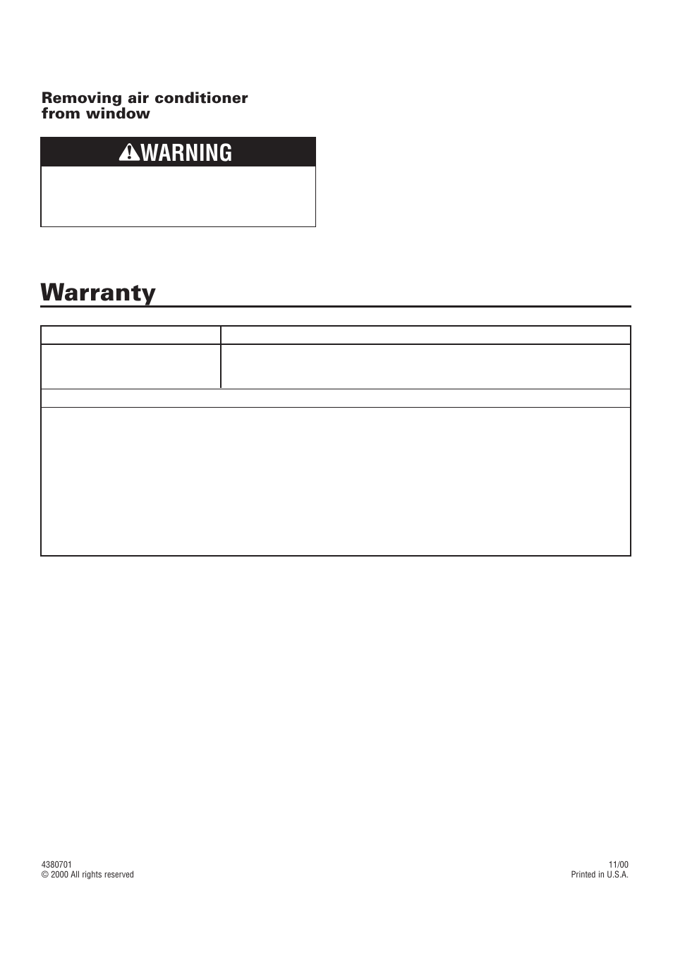 Warranty, Warning | Whirlpool 4380701 User Manual | Page 12 / 36