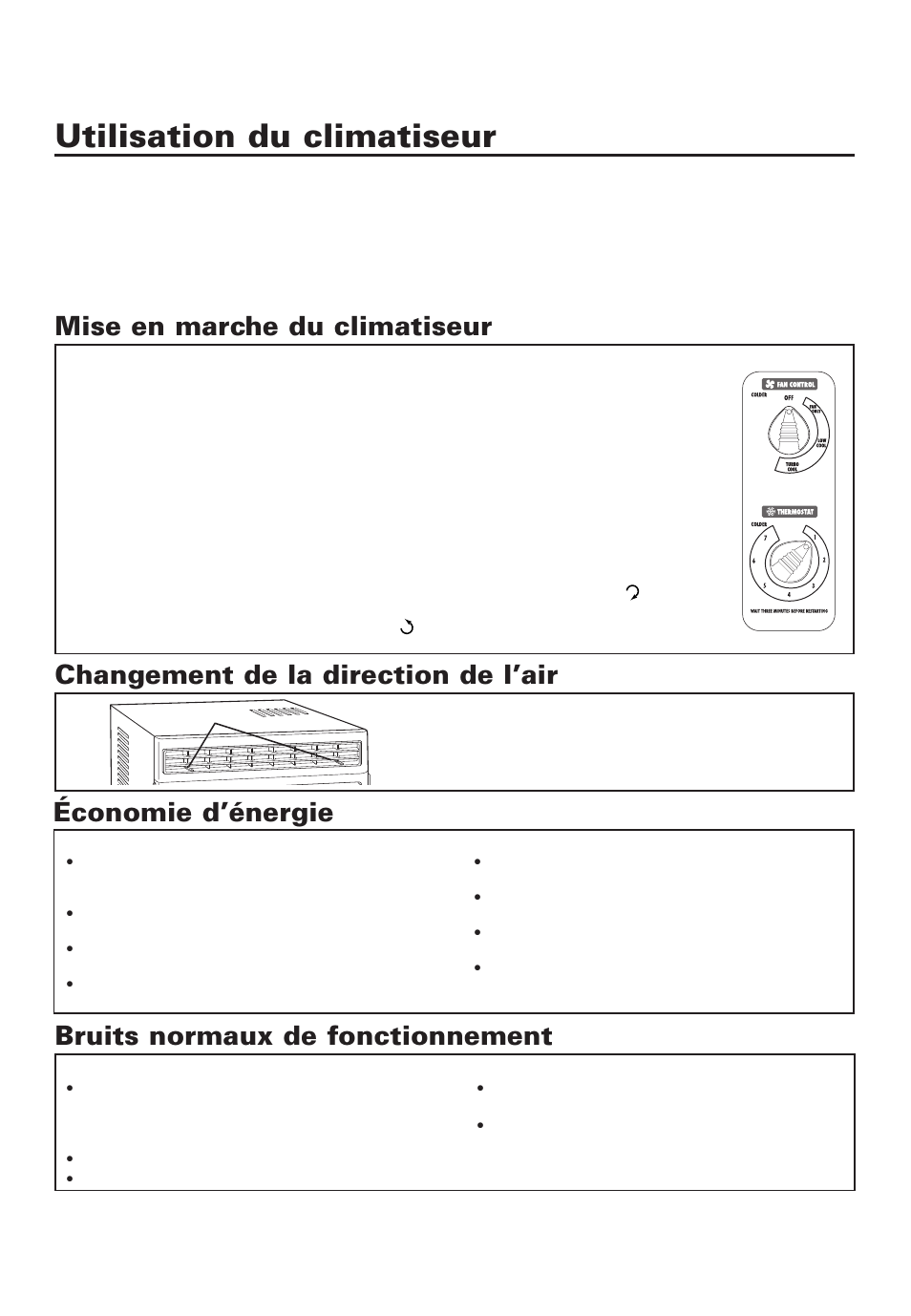 Utilisation du climatiseur, Mise en marche du climatiseur, Changement de la direction de l’air | Économie d’énergie, Bruits normaux de fonctionnement | Whirlpool 4380701 User Manual | Page 16 / 36