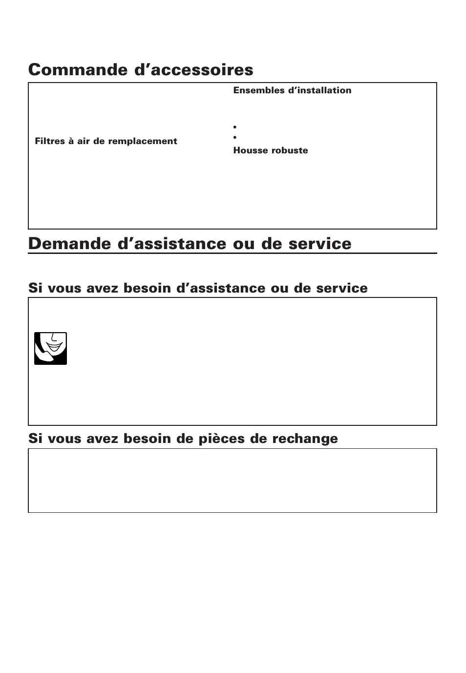 Commande d’accessoires, Demande d’assistance ou de service | Whirlpool 4380701 User Manual | Page 20 / 36