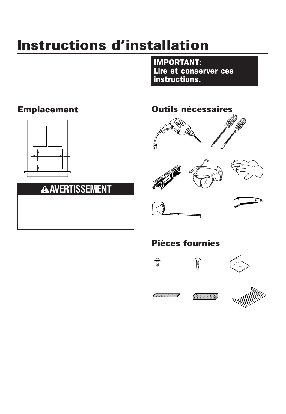 Instructions d’installation, Emplacement, Outils nécessaires | Pièces fournies, Avertissement, Important: lire et conserver ces instructions | Whirlpool 4380701 User Manual | Page 21 / 36