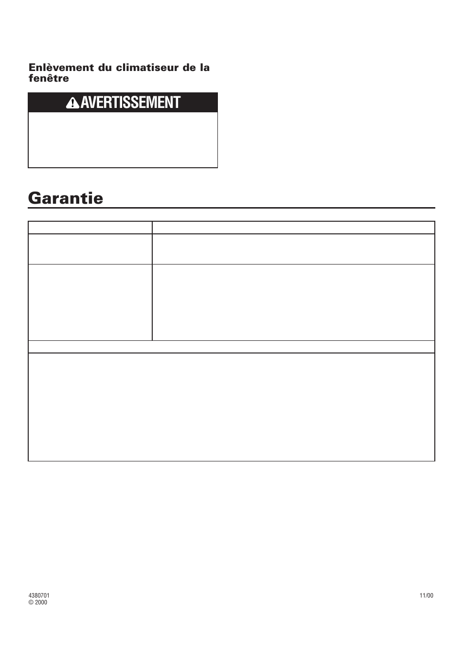 Garantie, Avertissement, Enlèvement du climatiseur de la fenêtre | Whirlpool 4380701 User Manual | Page 24 / 36