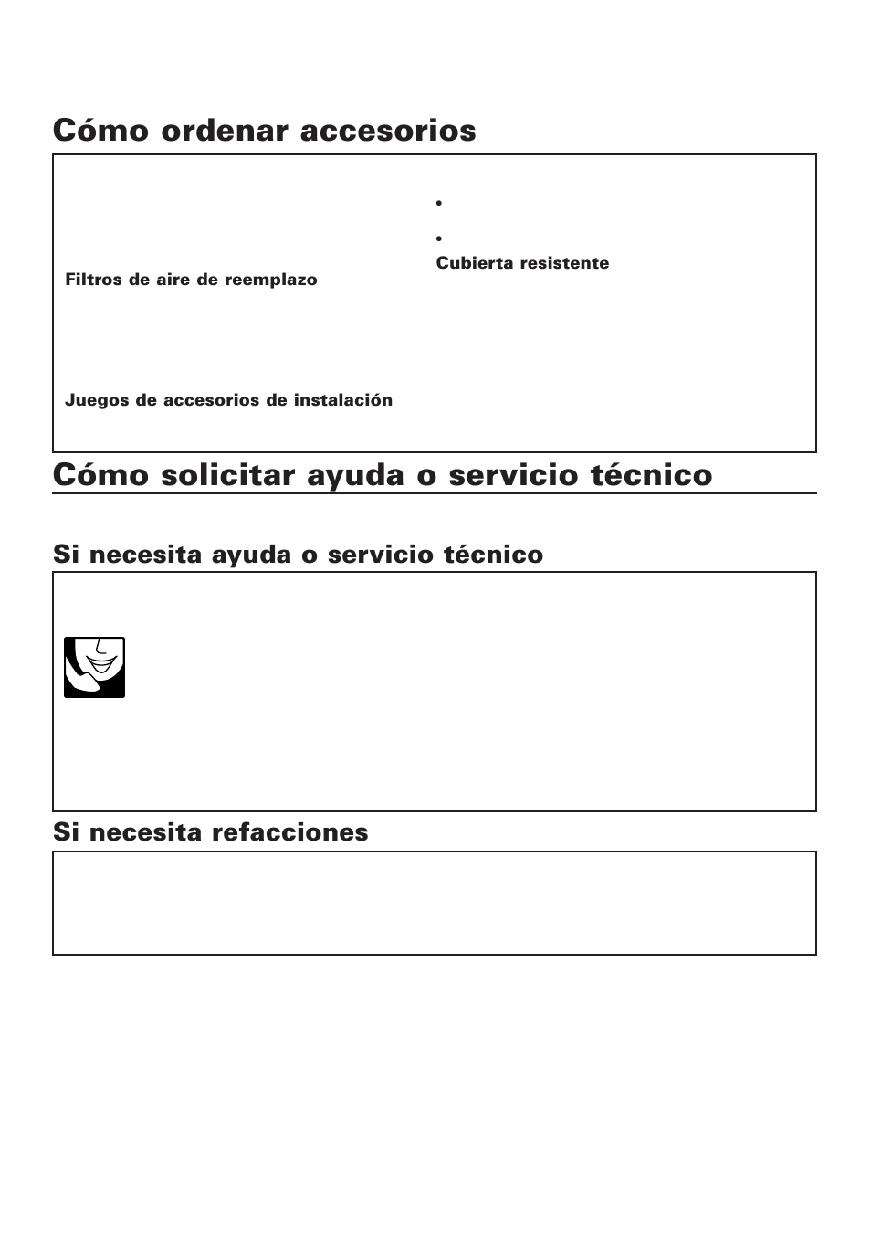 Cómo ordenar accesorios, Cómo solicitar ayuda o servicio técnico | Whirlpool 4380701 User Manual | Page 32 / 36