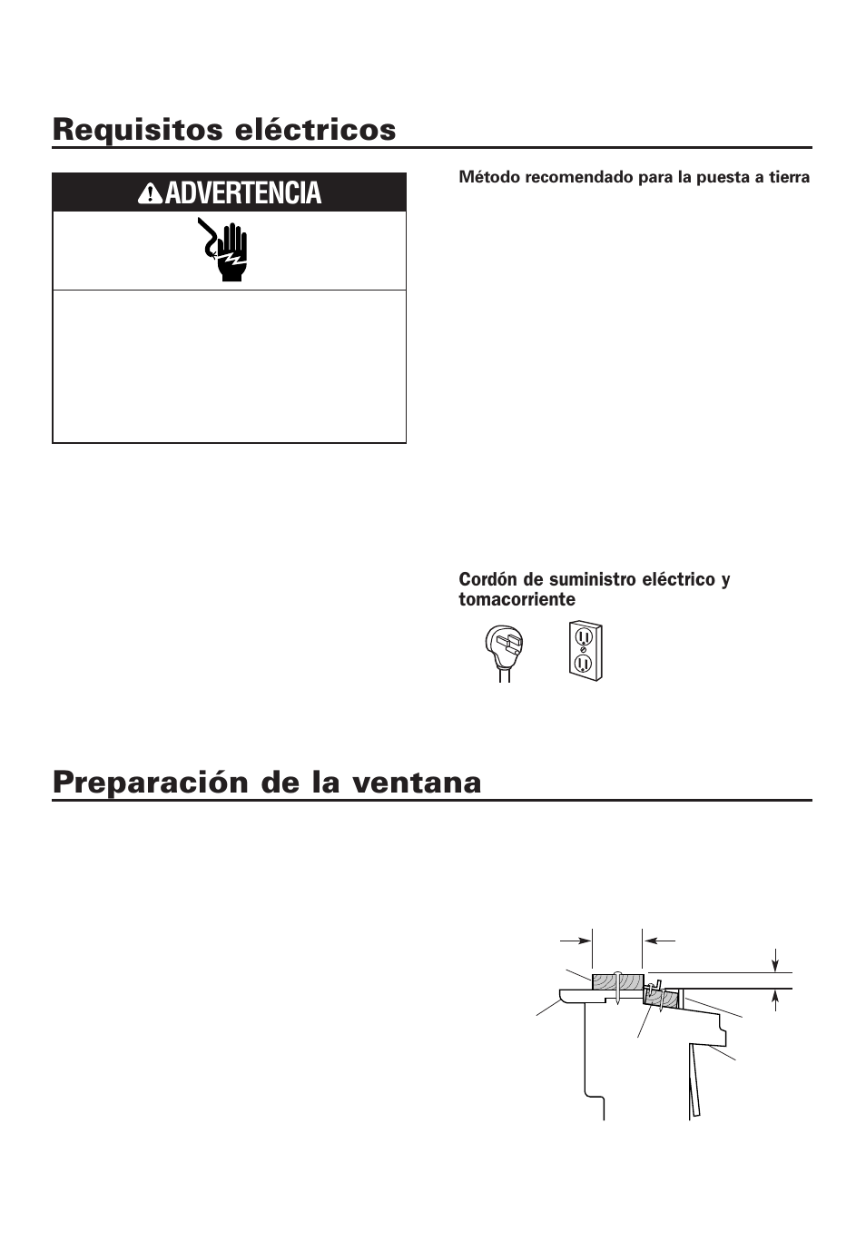 Requisitos eléctricos, Preparación de la ventana, Advertencia | Cordón de suministro eléctrico y tomacorriente | Whirlpool 4380701 User Manual | Page 34 / 36