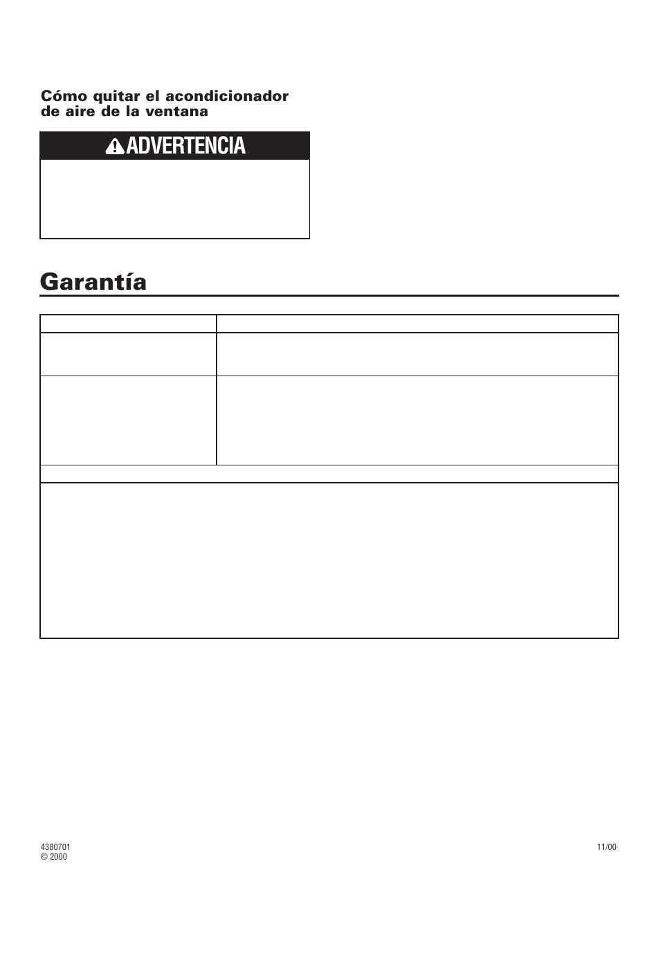 Garantía, Advertencia | Whirlpool 4380701 User Manual | Page 36 / 36