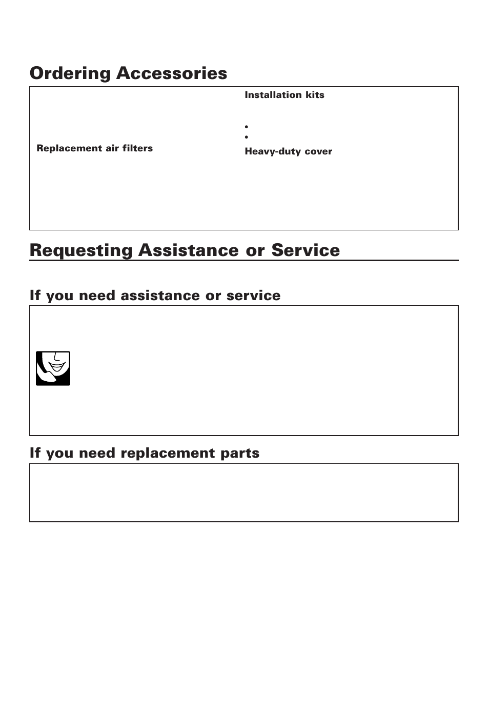 Ordering accessories, Requesting assistance or service | Whirlpool 4380701 User Manual | Page 8 / 36