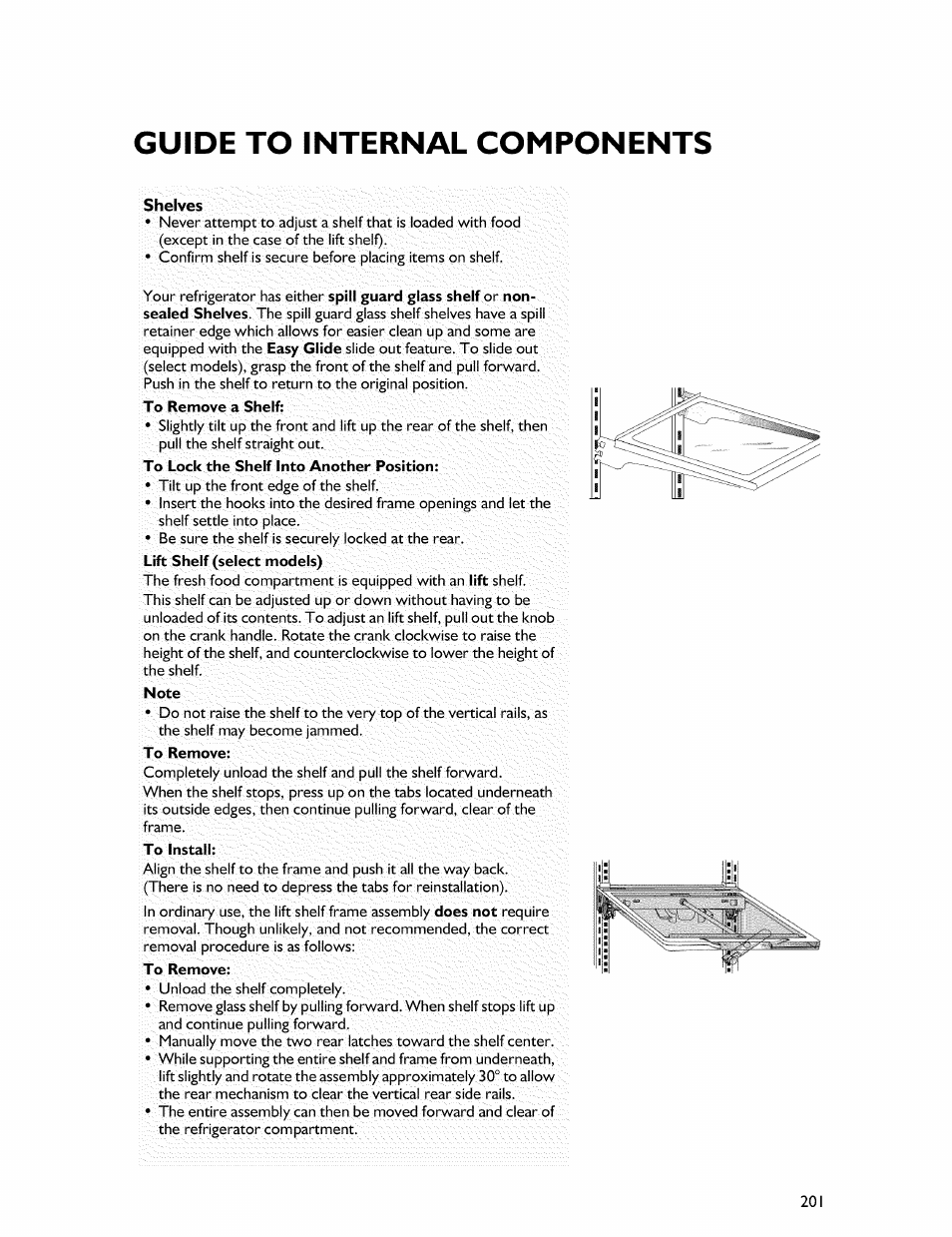 Guide to internal components, To remove a shelf, To remove | Whirlpool Freezer User Manual | Page 10 / 27