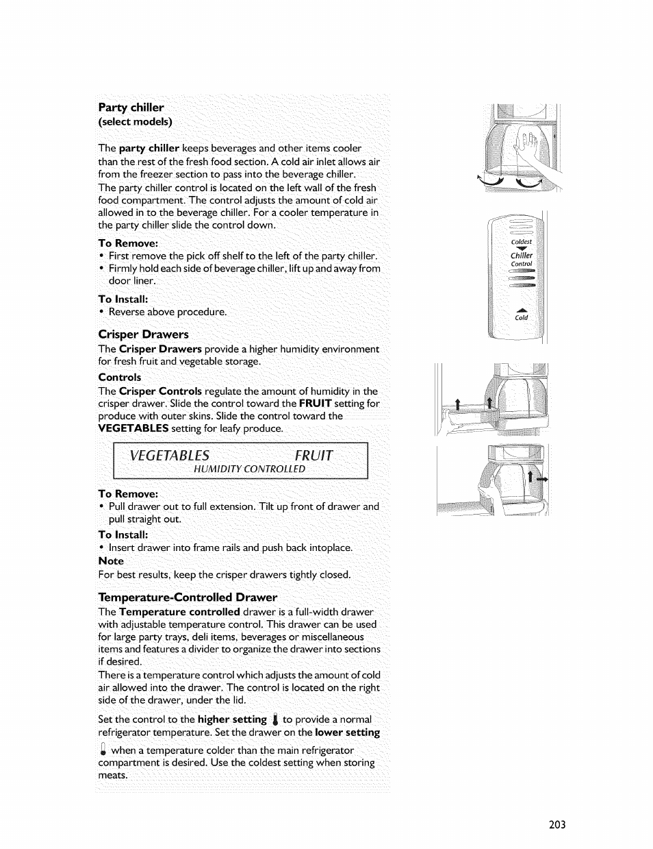 To remove, To install, Controls | Vegetables fruit | Whirlpool Freezer User Manual | Page 12 / 27