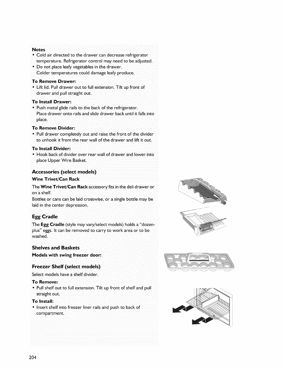 Notes, To remove drawer, To install drawer | To remove divider, To install divider, Wine trivet/can rack, Shelves and baskets models with swing freezer door, To remove, To install | Whirlpool Freezer User Manual | Page 13 / 27
