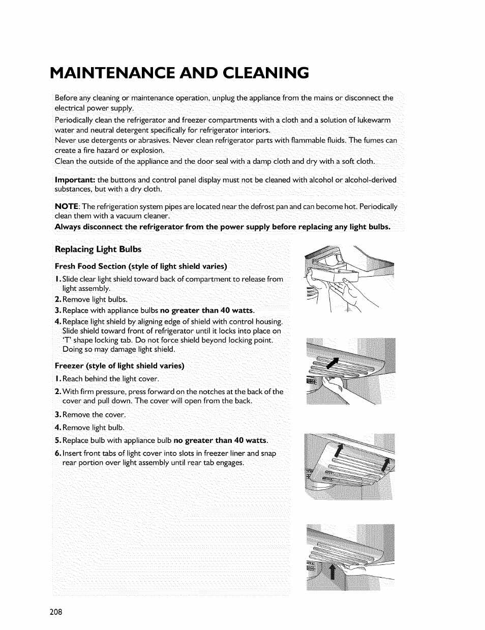 Maintenance and cleaning, Fresh food section (style of light shield varies), Freezer (style of light shield varies) | Whirlpool Freezer User Manual | Page 17 / 27