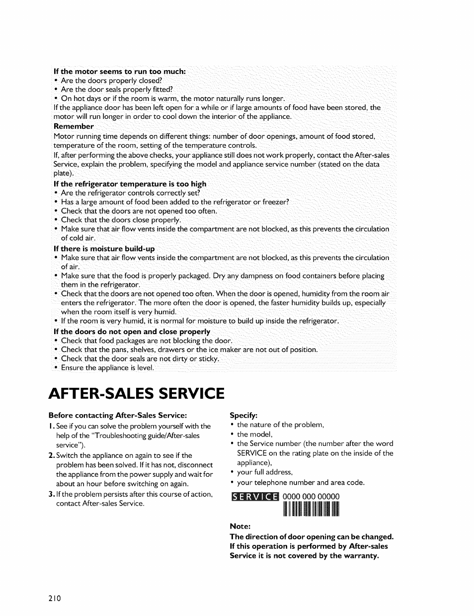 If the motor seems to run too much, After-sales service, Before contacting after-sales service | Specify, Note | Whirlpool Freezer User Manual | Page 19 / 27