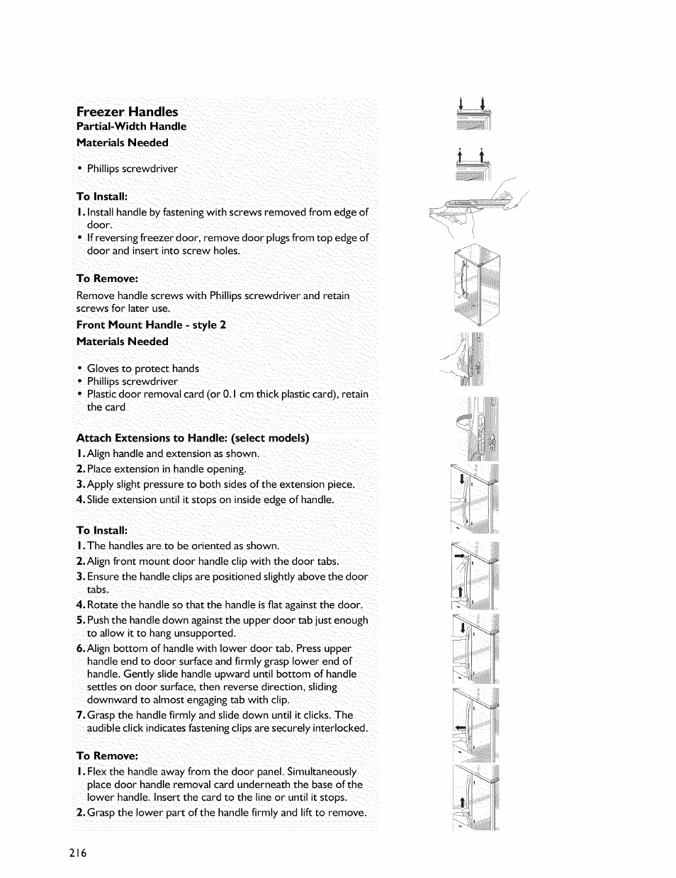 To remove, Attach extensions to handle: (select models), To install | Whirlpool Freezer User Manual | Page 25 / 27