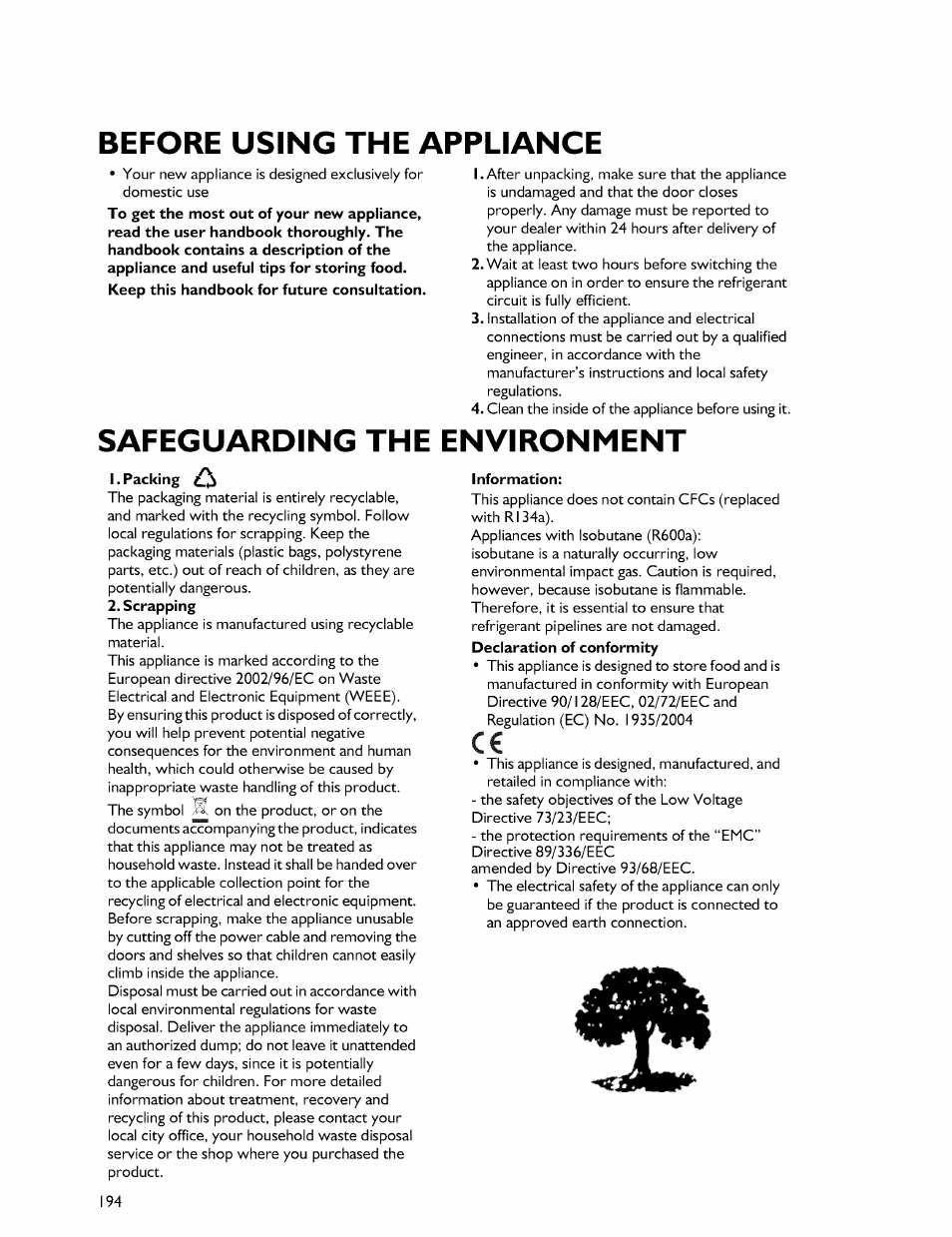 Before using the appliance, Safeguarding the environment, Packing | Scrapping, Information | Whirlpool Freezer User Manual | Page 3 / 27