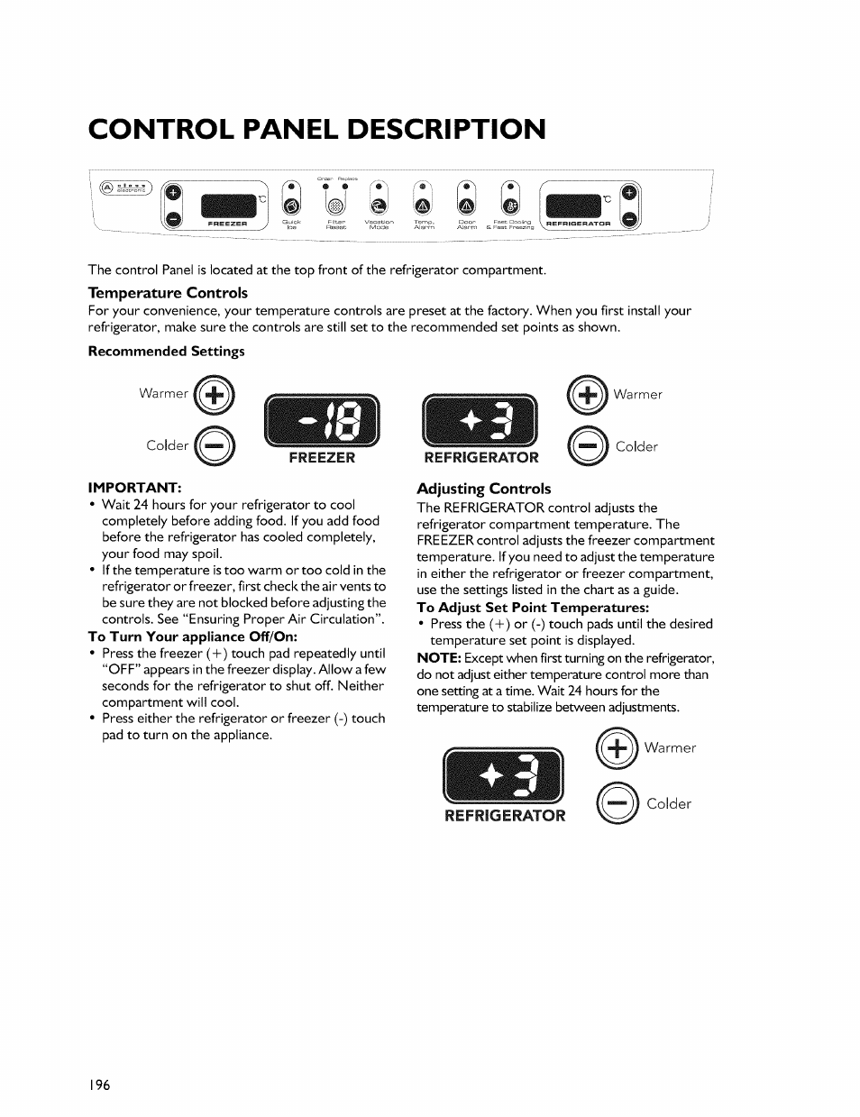 Control panel description, Freezer, Important | Whirlpool Freezer User Manual | Page 5 / 27