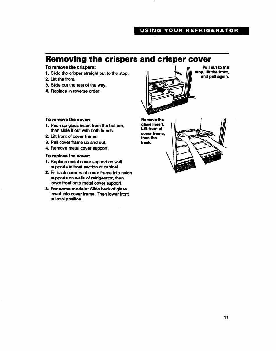 Removing the crispers and crisper cover, Removing the crispers and, Crisper cover | Whirlpool RT22AK User Manual | Page 11 / 24