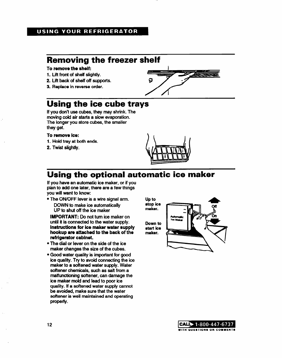 Removing the freezer shelf, Using the ice cube trays, Using the optional automatic ice maker | Whirlpool RT22AK User Manual | Page 12 / 24