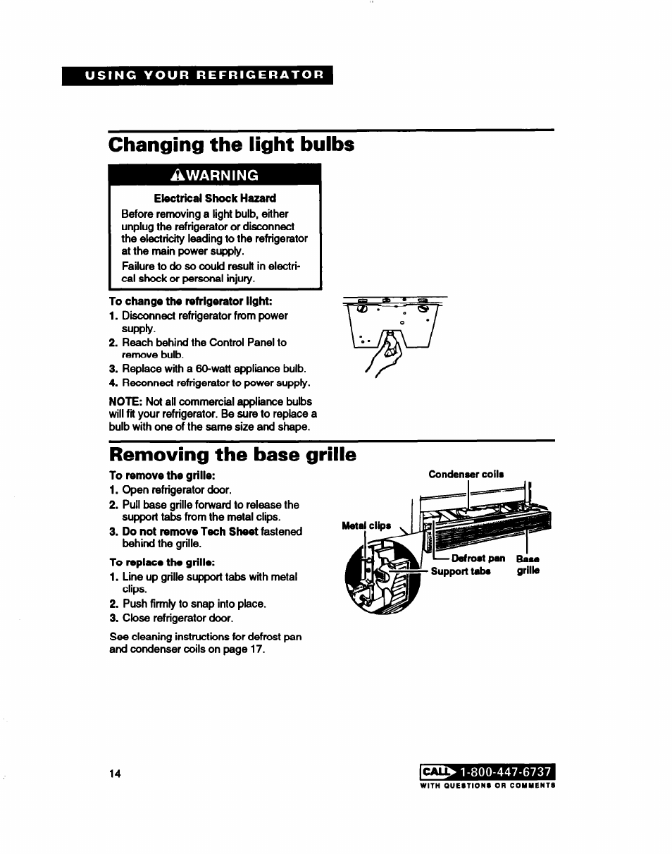 Changing the light bulbs, Removing the base grille, Warning | Whirlpool RT22AK User Manual | Page 14 / 24