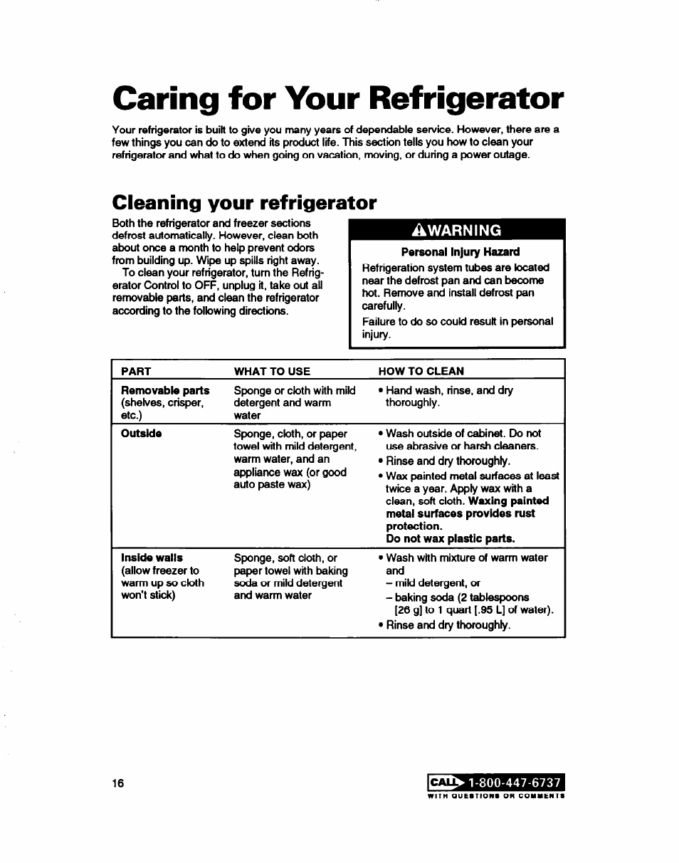 Caring for your refrigerator, Cleaning your refrigerator, Warning | Whirlpool RT22AK User Manual | Page 16 / 24