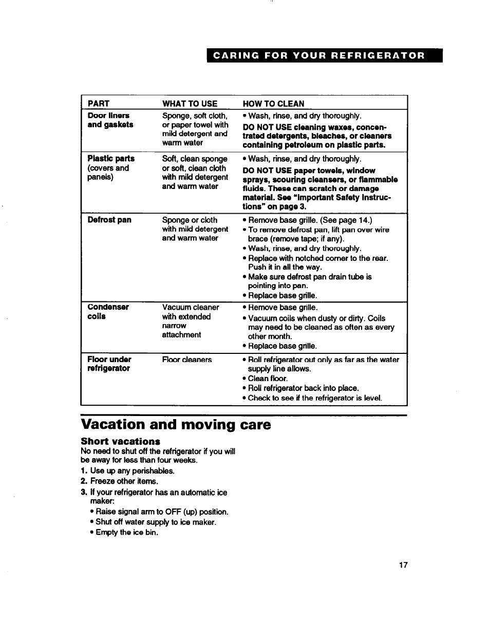 Vacation and moving care, Short vacations | Whirlpool RT22AK User Manual | Page 17 / 24