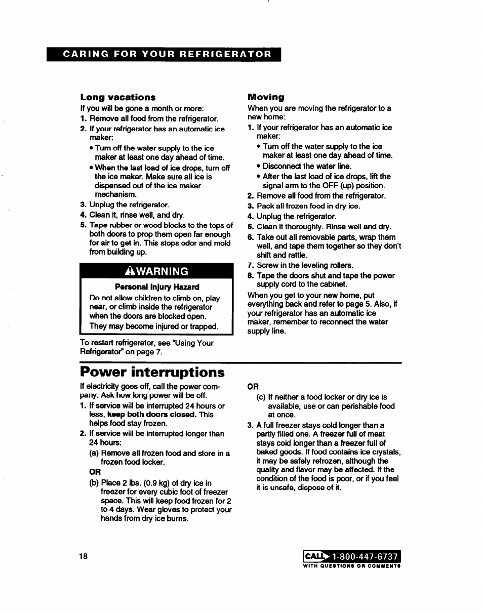 Long vacations, Moving, Power interruptions | Warning | Whirlpool RT22AK User Manual | Page 18 / 24