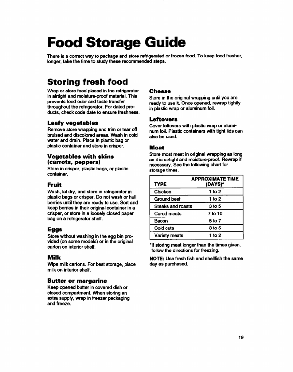 Food storage guide, Storing fresh food, Leafy vegetables | Vegetables with skins (carrots, peppers), Fruit, Eggs, Milk, Butter or margarine, Cheese, Leftovers | Whirlpool RT22AK User Manual | Page 19 / 24