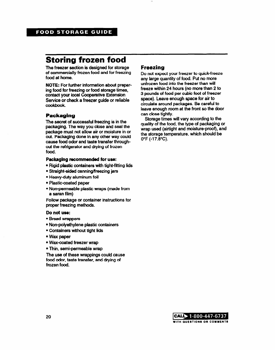 Food storage guide, Storing frozen food, Packaging | Freezing | Whirlpool RT22AK User Manual | Page 20 / 24