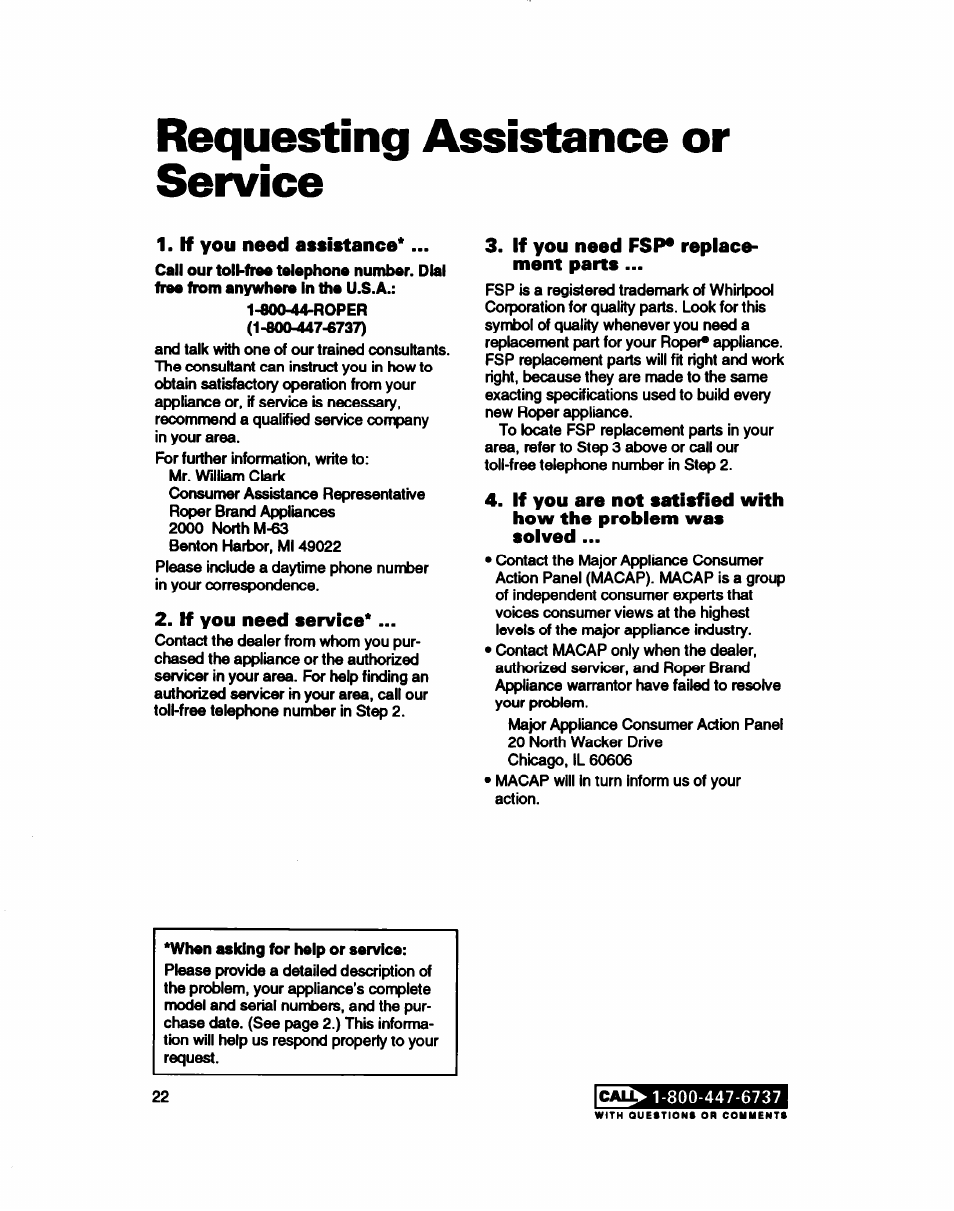 Requesting assistance or service, If you need assistance, 800-44-roper | If you need service, If you need fsp* replacement parts, When asking for help or service | Whirlpool RT22AK User Manual | Page 22 / 24