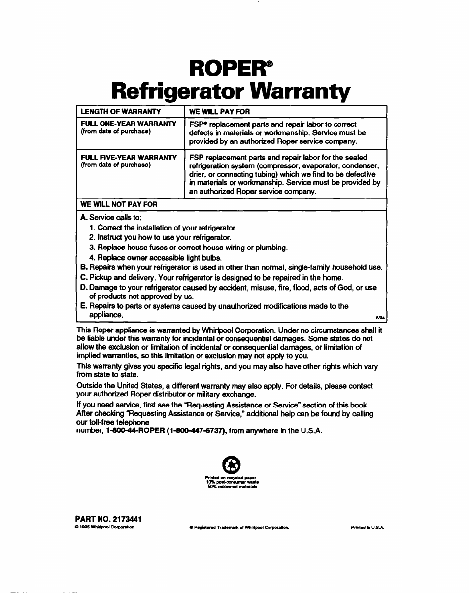Ropeir, Refrigerator warranty, Ropeir refrigerator warranty | Whirlpool RT22AK User Manual | Page 24 / 24
