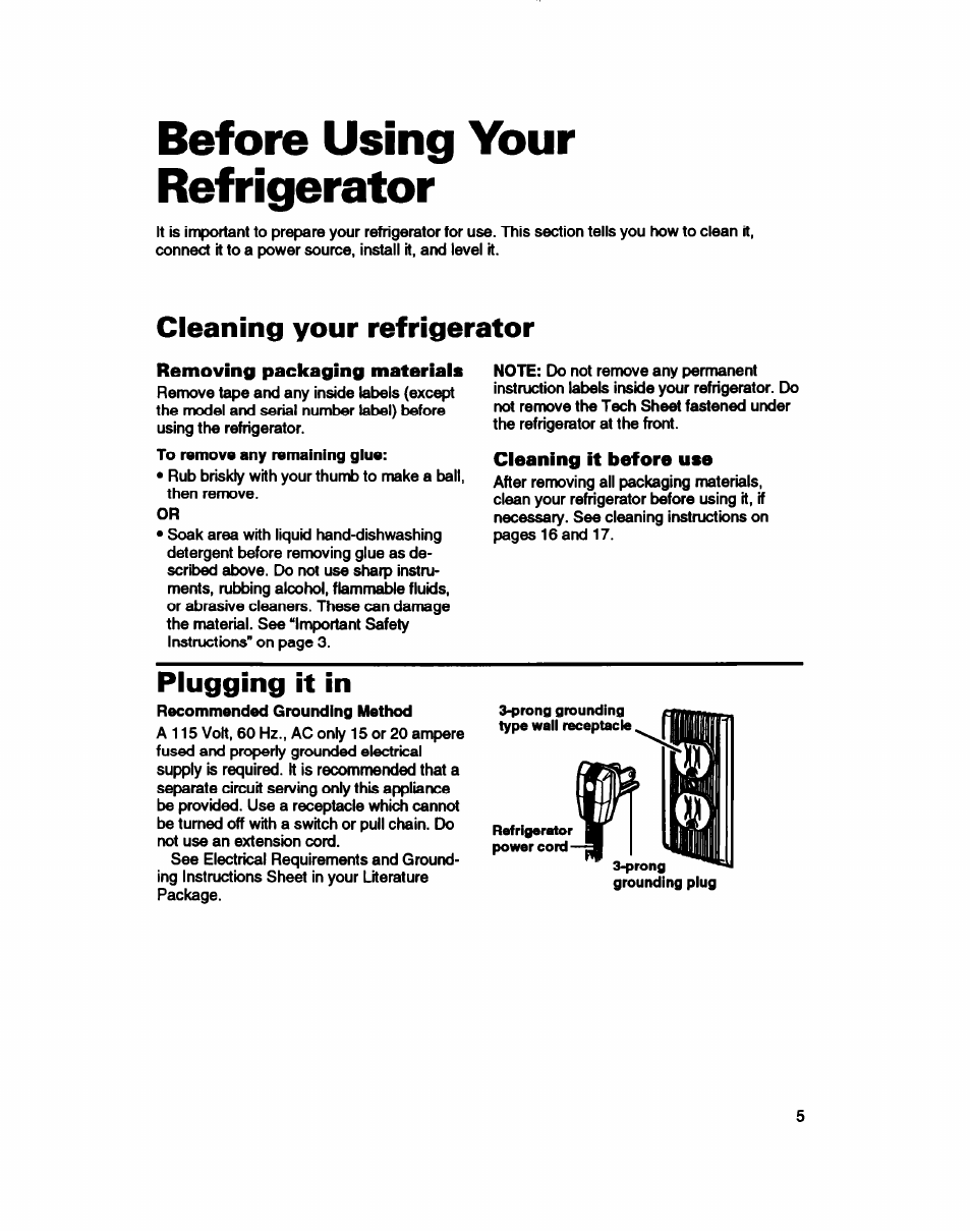 Before using your refrigerator, Cleaning your refrigerator, Removing packaging materiais | Cleaning it before use, Plugging it in | Whirlpool RT22AK User Manual | Page 5 / 24